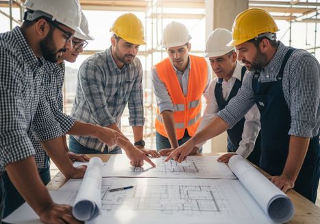 Construction Team Reviewing Blueprints