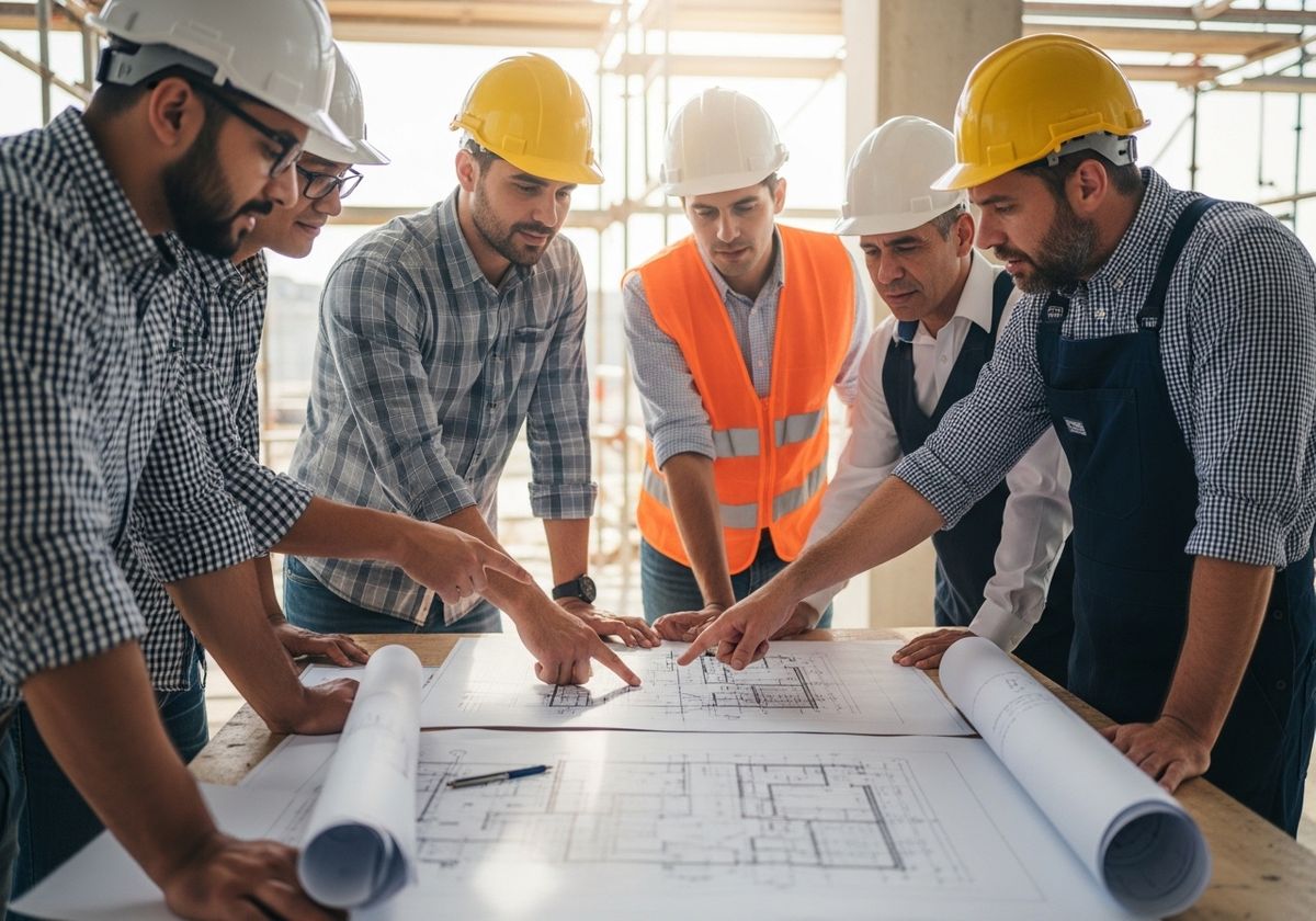 Construction Team Reviewing Blueprints