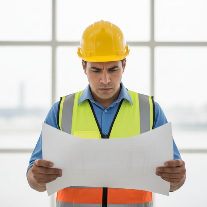 A contractor in a hard hat and safety vest appears stressed while scrutinizing a blueprint