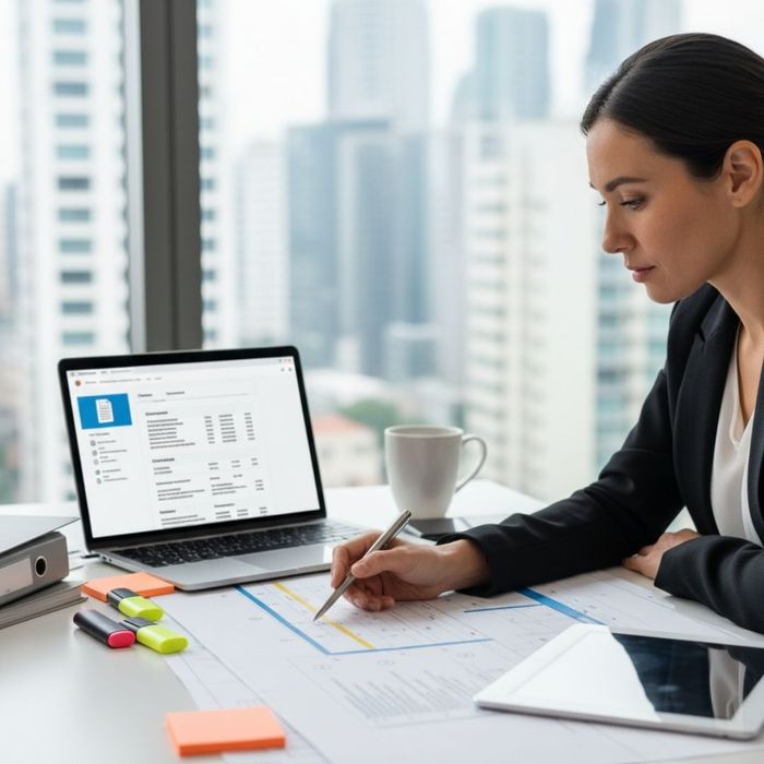 A professional sits at a clean desk carefully reviewing project documents for compliance.
