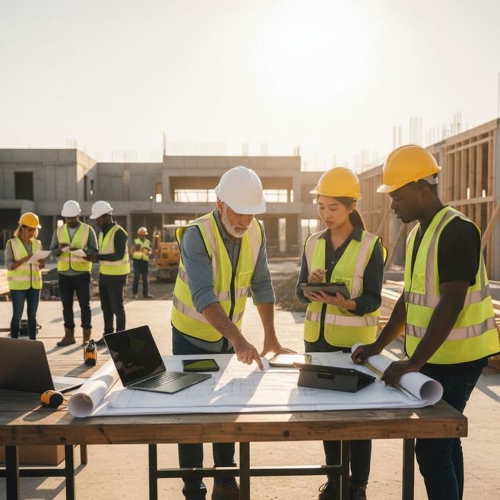 construction site with contractors looking at blueprints