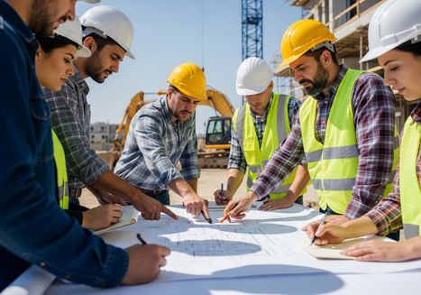 Construction Team Reviewing Blueprints On-Site