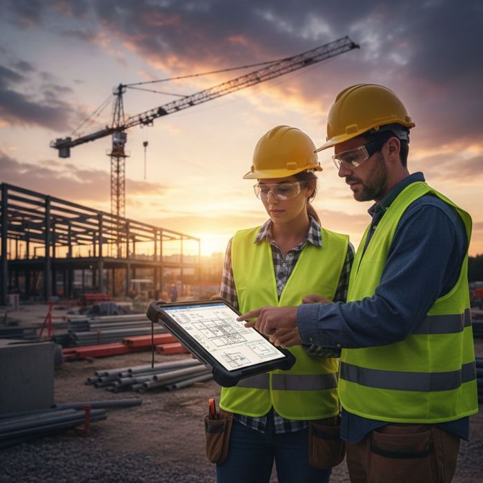 Construction workers looking over blue prints on a tablet