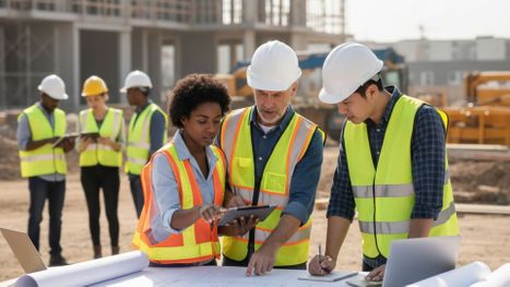construction workers looking at physical blueprints and a tablet