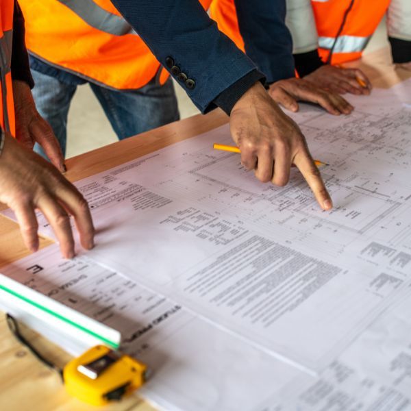 Construction workers looking over a plan