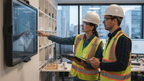 Two construction workers looking at a 3D blueprint on screen Two construction workers looking at a 3D blueprint on screen