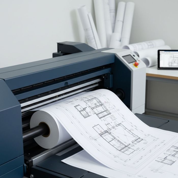 A large format printer is shown in the process of printing detailed, high-quality construction blueprints.