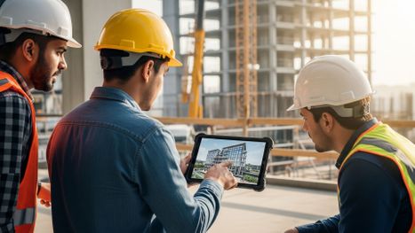 architects and contractors reviewing blueprints on a tablet at a worksite.