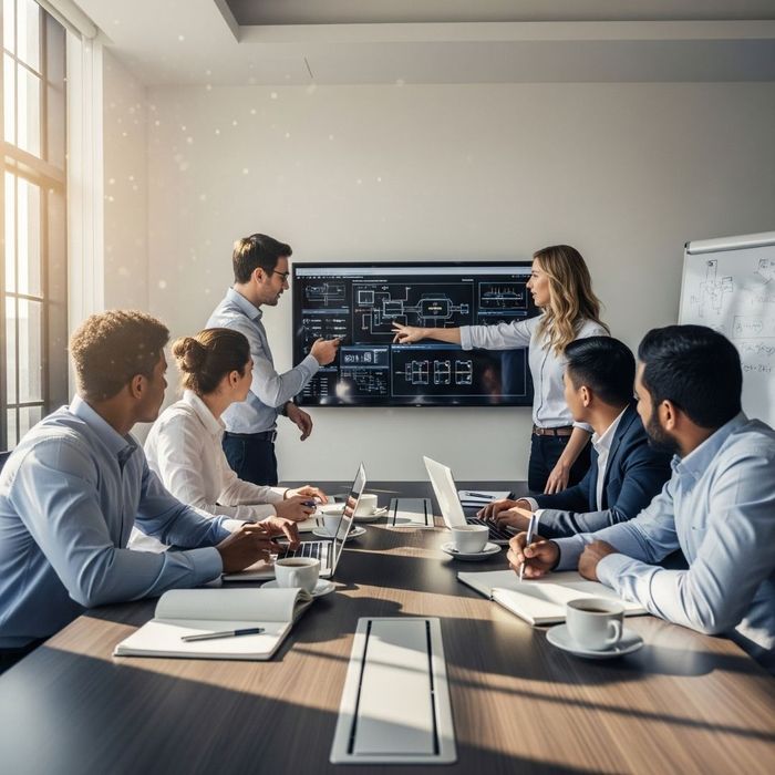 Diverse team of professional engineers collaborating on a complex project, analyzing schematics on a large screen in a bright, modern conference room