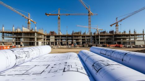 Modern construction site with architectural blueprints in the foreground