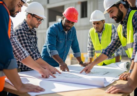 Construction Team Reviewing Blueprint