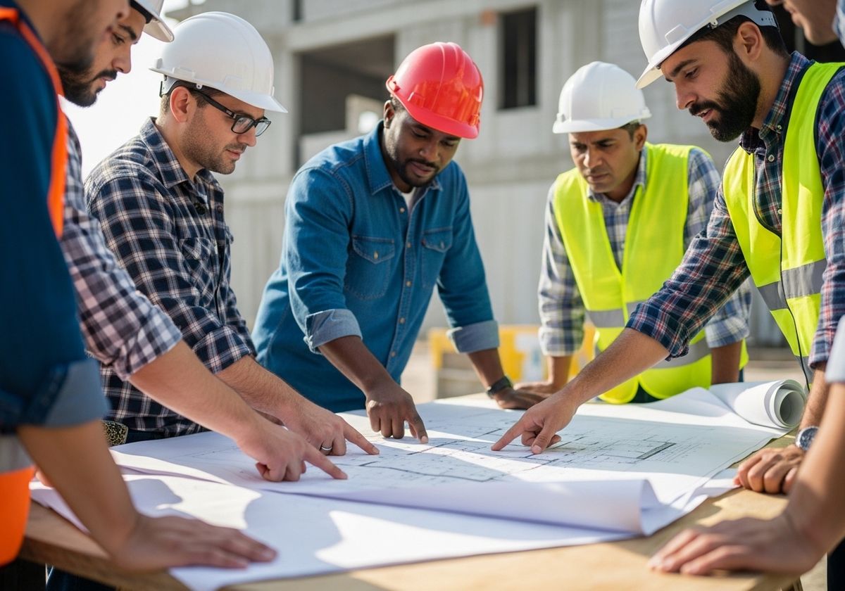 Construction Team Reviewing Blueprint