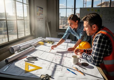 Construction Team Reviewing Blueprints
