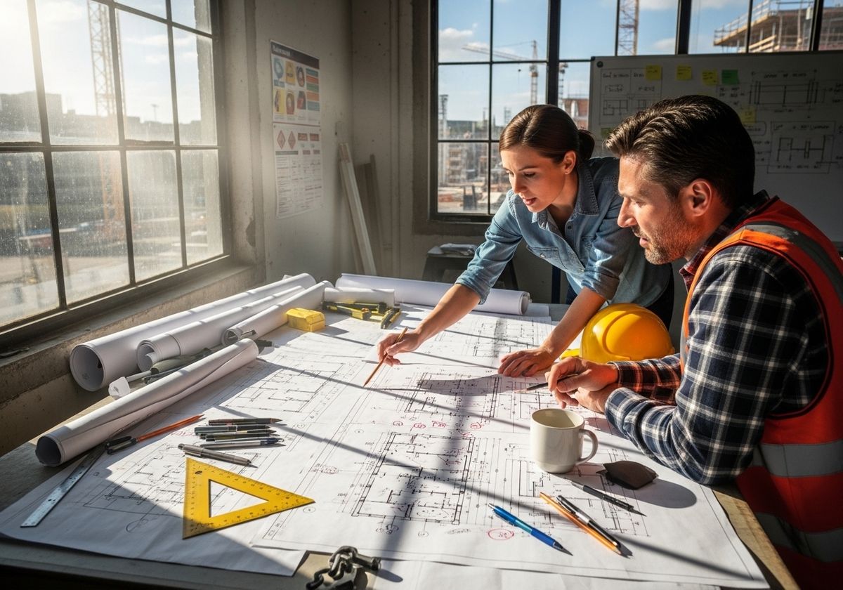 Construction Team Reviewing Blueprints