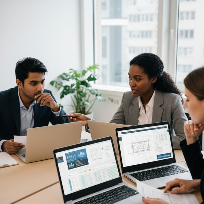 Diverse group of professionals reviewing digital documents on laptops
