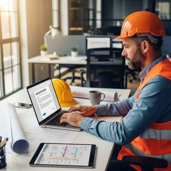Construction manager in a hard hat and safety vest efficiently sends digital bid invitations from a laptop in a modern office with blueprints on the desk.