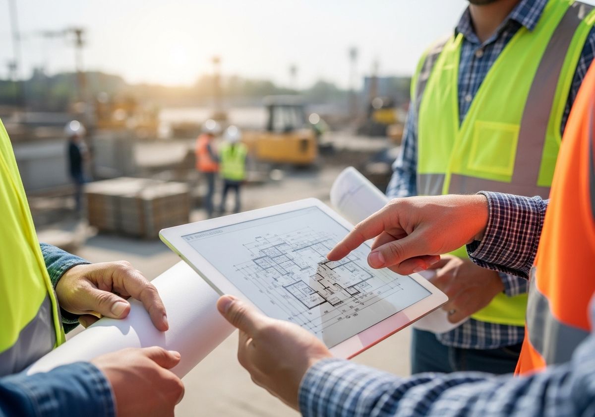 Construction Workers Reviewing Blueprint on Tablet