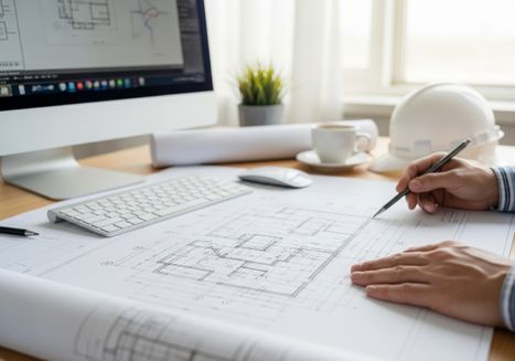 Close-up of an architect's hands using a pencil to review a blueprint laid out on a desk, with a computer, keyboard, mouse, cup of coffee, roll of paper and hard hat in the background. Architect reviewing blueprint