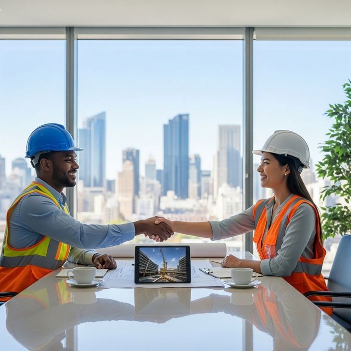 construction professionals, a man and a woman, shaking hands across a table