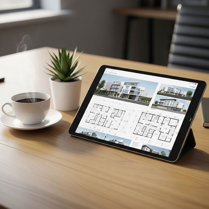 desk featuring a tablet prominently displaying architectural plans, next to a coffee cup