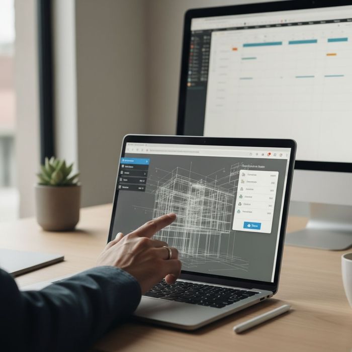 An architect's hands are shown navigating a cloud-based online plan room on a laptop screen.