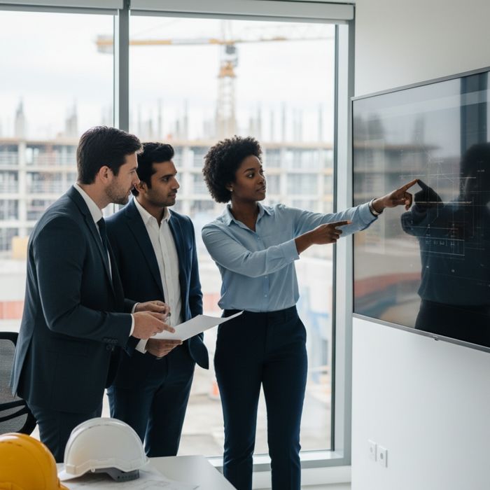 Construction team members discussing plans around a large digital screen