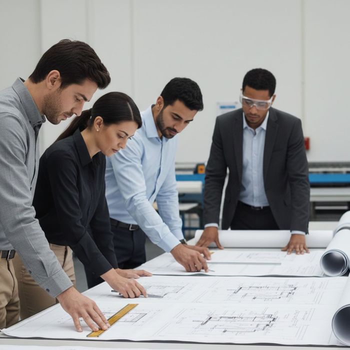 Team looking at specific parts of a large blueprint