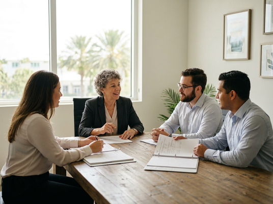 Four diverse professionals, two women and two men, are seated around a wooden table in a brightly lit office, discussing documents and smiling. Four professionals discussing documents in a meeting