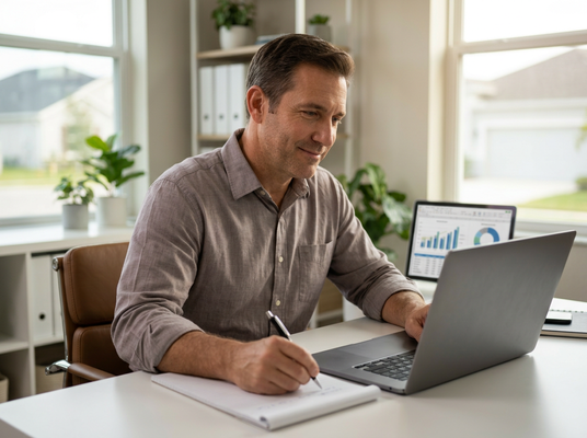 A smiling man sits at a white desk, focused on his laptop while writing in a notebook. Business charts are visible on his screen and a second monitor. Man working on laptop and taking notes
