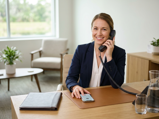 A happy businesswoman in a navy blazer talks on a corded phone at a light wood desk, with a smartphone and folder nearby. Smiling businesswoman on phone at desk