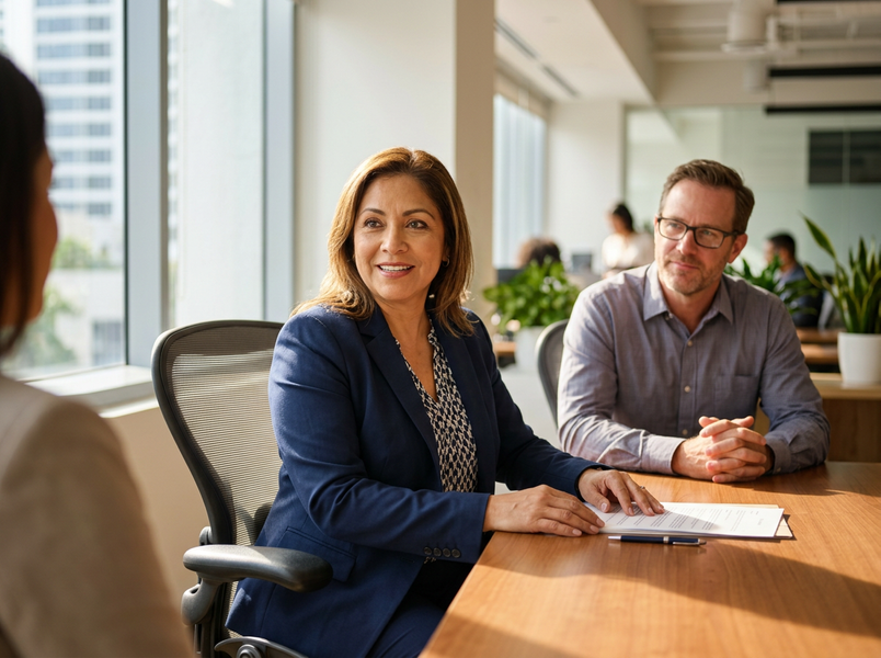 A smiling businesswoman in a blue suit sits at a table with a man, engaging in a meeting or interview in a bright office. Smiling Businesswoman and Man in Interview