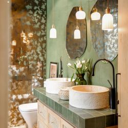 natural bathroom theme, sage greens and copper browns