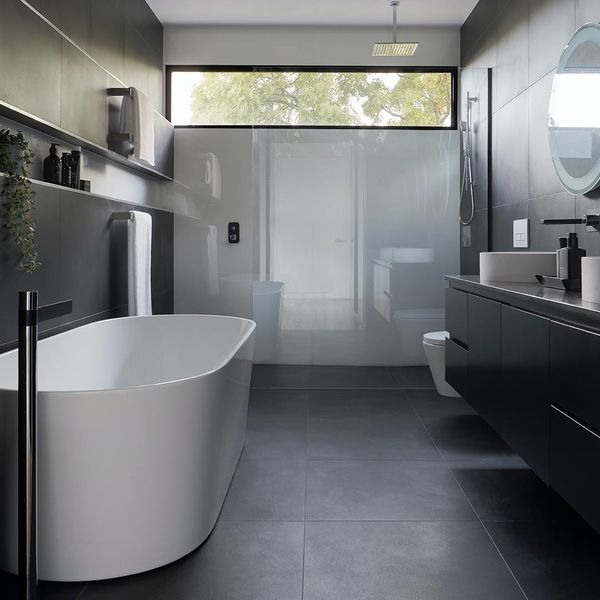 modern bathroom with gray tile floor