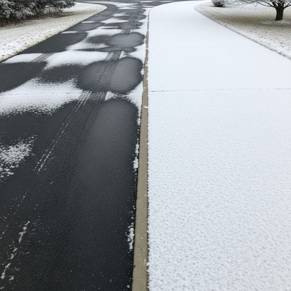 snow-covered driveway directly compares asphalt and concrete