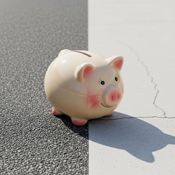 a piggy bank sits on a split surface of asphalt and concrete