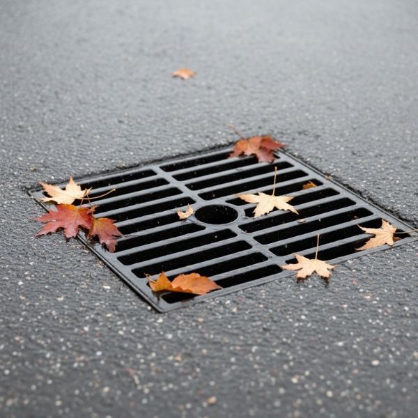 A clean storm drain grate on a wet paved surface.