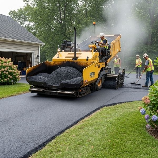 an asphalt paver machine at work on a residential driveway