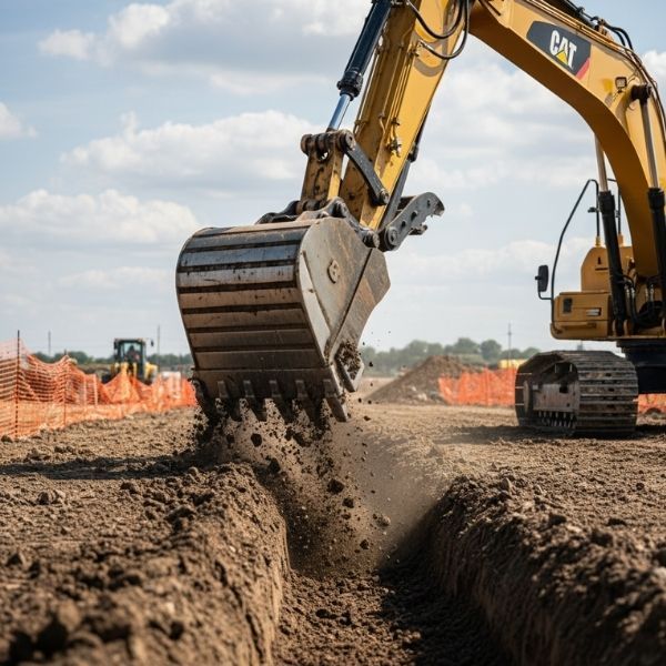 The bucket of a large excavator precisely digging a trench.