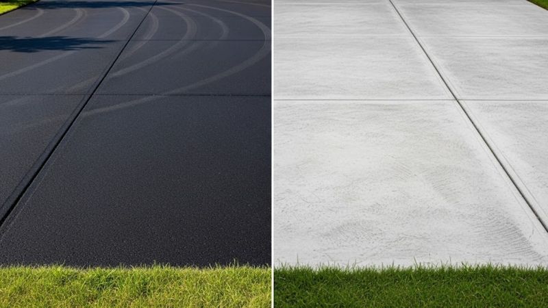 a side-by-side comparison of a smooth, black asphalt paving driveway and a light gray concrete paving driveway