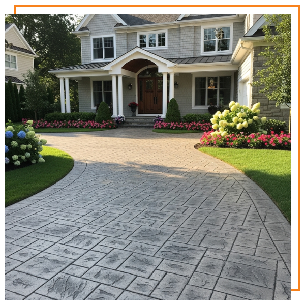 an elegant, stamped concrete driveway in an ashlar slate pattern