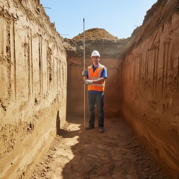 A deep, clean foundation excavation with a worker checking the groundwork.