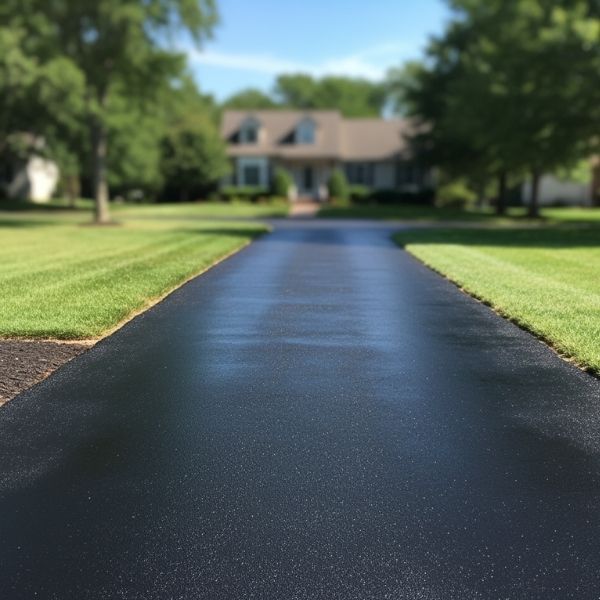 A freshly sealcoated asphalt driveway, smooth and black.