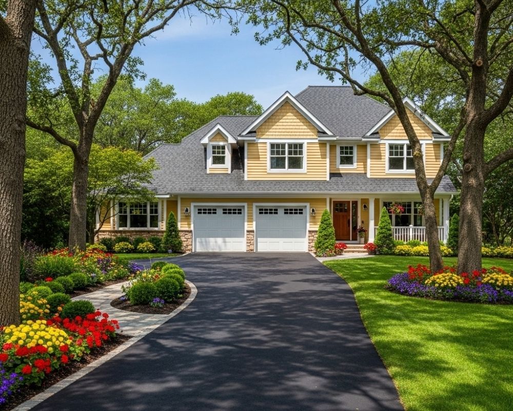 an asphalt driveway leading to a home