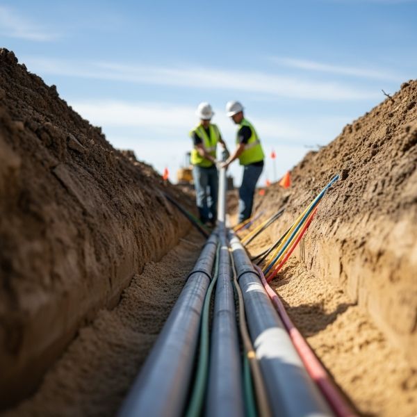 A close-up of newly installed PVC pipes and electrical conduits in a utility trench.