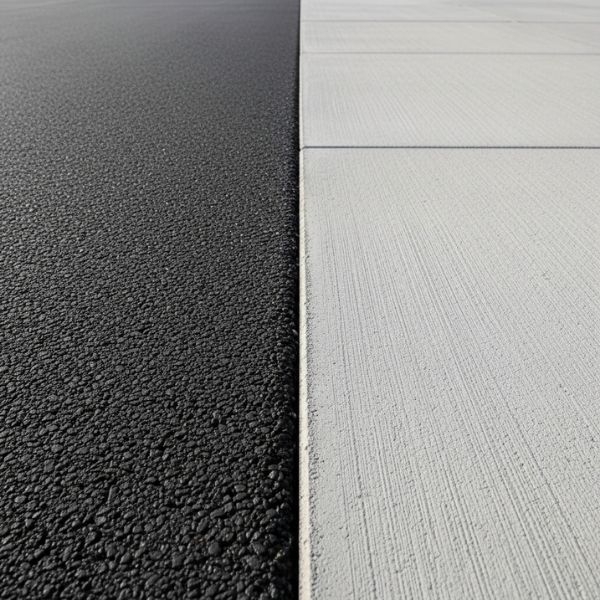 a side-by-side view comparing the smooth, fine-grain texture of black asphalt to the light gray, brushed finish of concrete