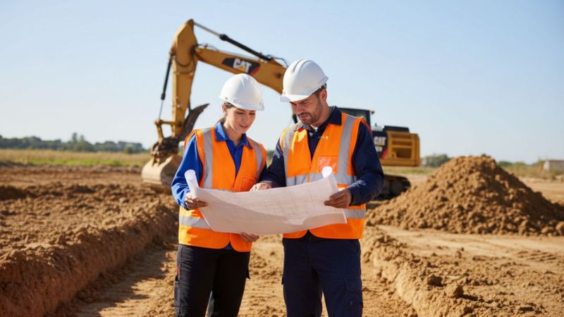 Construction workers in hard hats reviewing a blueprint at a construction site with an excavator in the background.