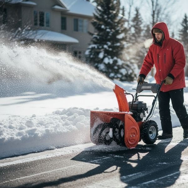 Person using a snow blower to clear snow from a driveway.