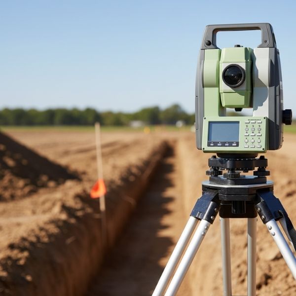 Close-up of a surveyor's equipment on a construction site with a utility marker flag.