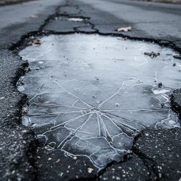 a frozen puddle with cracks in the pavement