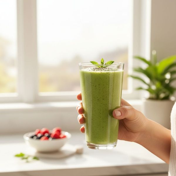 A close-up of a hand holding a glass filled with a healthy green smoothie.